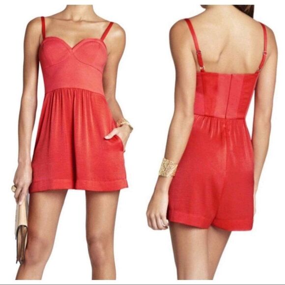 BCBGMAXAZRIA Womens Back Zip V Neck Bridget Romper Poppy Red Size XS - Picture 1 of 5